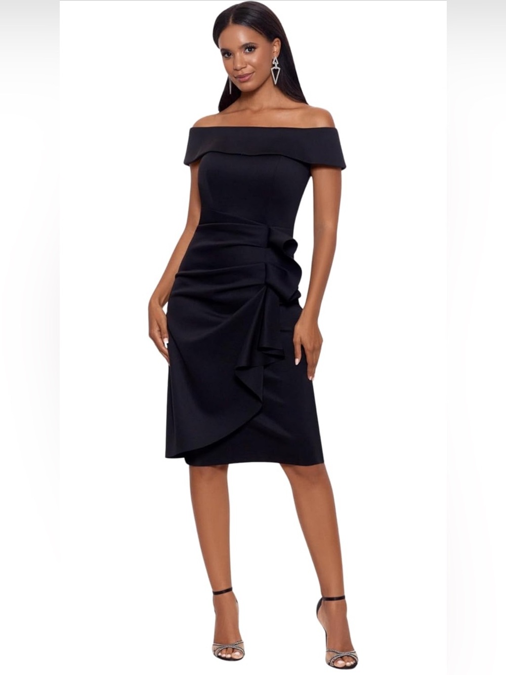 NWT XSCAPE Sz 10 Ruffle Off the Shoulder Scuba Cocktail Dress In Black